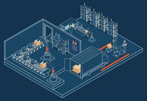 3d isometrisch Logistik Warenhaus Arbeit Prozess Konzept mit Transport Betrieb Service, industriell Internet von Dinge und autonom Roboter. Vektor Illustration eps 10