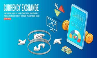 3d isometrisch Digital Währung Austausch Konzept mit Geschäft Technologie Handy, Mobiltelefon Telefon zum Geschäft Menschen und online Wirtschaft Anwendungen zum schnell Währung Austausch. Vektor Illustration eps10