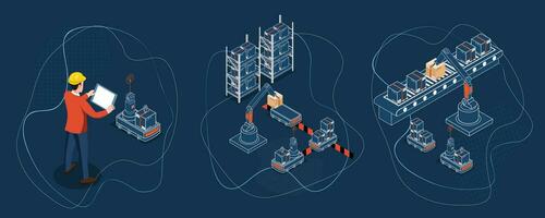 3 Szenen von Industrie 4.0 Konzept mit Warenhaus Arbeiter und Roboter Arm erhöht Paket und Stapel Sie auf Gürtel Förderer und autonom Roboter. Vektor Illustration eps10