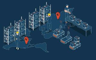 3d isometrisch global Logistik Netzwerk Konzept mit Transport Betrieb Service, liefern Kette Verwaltung - - scm, Unternehmen Logistik Prozesse. Vektor Illustration eps 10