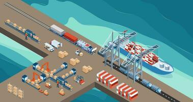 havs transport logistik med stål behållare läser in på industriell fartyg förbi kran och lager arbete bearbeta. vektor illustration eps10