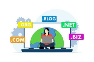 Domain Name System Konzept, DNS, Webseite Domain Name, Internet oder Cyberspace, Domain Anmeldung Netz Buchseite, wählen, finden, besorgen, registrieren Webseite Domain Name, eben Vektor Illustration.