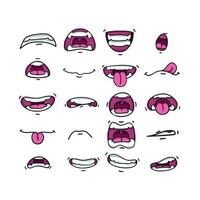 mehrere Münder in verschiedenen Positionen. mit Zähnen, Zunge, Lächeln, Wut. vektor