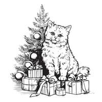 Weihnachten Katze mit Weihnachten Baum und Geschenke Hand gezeichnet skizzieren Vektor