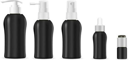 realistisk 3d mock-up av kosmetisk paket. vektor tom mallar uppsättning av tömma och rena svart plast behållare flaskor med spray, dispenser och droppare, grädde burk