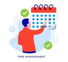 företag planera begrepp, schemaläggning, tid förvaltning, miljö prioritet uppgifter, man kontroll evenemang i kalender platt illustration, planera schema, och dagordning vektor