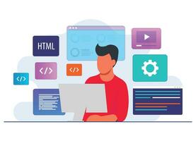 Mann Arbeiten wie Programmierer, Schreiben Code mit Laptop, Webseite Entwickler, Codierung Software auf Computer Bildschirm eben Illustration Vektor Vorlage