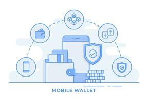 Handy, Mobiltelefon Geldbörse, Digital Geldbörse, E-Wallet Konzept dünn Linie eben Illustration Infografik zum Landung Buchseite, Banner, Handy, Mobiltelefon Anwendung, Netz Design, ui ux vektor