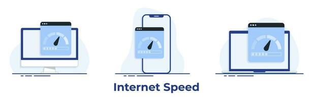 smartphone, bärbar dator och dator med internet förbindelse hastighet testa på de skärm, internet ladda ner fart, och nätverk prestanda på webb sida platt illustration vektor
