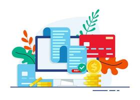 elektronisch Rechnung online Zahlung eben Illustration Konzept mit Desktop Computer, Anerkennung Karte, Münzen vektor