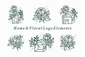 Hand gezeichnet Jahrgang feminin Schönheit Logo Element Sammlung mit Rose, heim, Blume, Blatt Ast Vektor Illustration zum Symbol, Logo, Aufkleber, druckbar