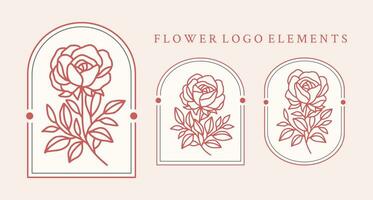 Jahrgang Hand gezeichnet Rose Blume Logo Element Sammlung mit Rahmen vektor