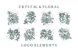 samling av hand dragen magisk element med kristall, reste sig blommor, stjärnor, blad gren för feminin ikon, skönhet logotyp, emblem, och Övrig syften vektor