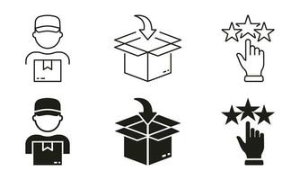 Einkaufen leiten Linie und Silhouette Symbol Satz. Kunde Kaufen Produkt Schritte Symbol Sammlung. Lieferung Prozess Piktogramm. Verpackung Befehl, Versand und Feedback unterzeichnen. isoliert Vektor Illustration.