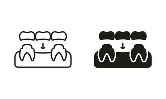 dental bro silhuett och linje ikon uppsättning. tand regeneration. porslin tandprotes piktogram. partiell tänder implantera restaurering. dental behandling svart symbol samling. isolerat vektor illustration.