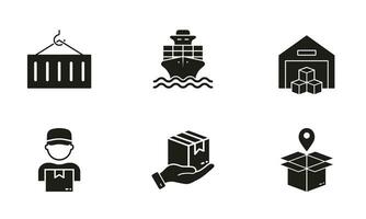 logistisk och global distribution silhuett ikon uppsättning. lager, transport glyf piktogram. internationell båt frakt fast tecken. frakt symbol samling. isolerat vektor illustration.