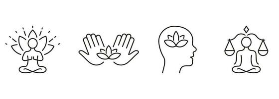 person meditera i lotus placera, wellness linje ikon uppsättning. mental hälsa och yoga piktogram. lugna sinne översikt tecken. zen utgör symbol. redigerbar stroke. isolerat vektor illustration.