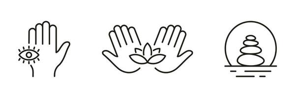 wellness och välbefinnande linje ikon uppsättning. skönhet klinik symbol. akupunktur och massage linjär piktogram. sten balans, hand innehav lotus översikt tecken. redigerbar stroke. isolerat vektor illustration.