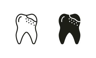 Dental Karies Silhouette und Linie Symbole Satz. Schlecht Zahn Piktogramm. Dental Behandlung schwarz Symbol Sammlung. Zahnschmerzen, Schmerz, zerfallen Zähne Problem. Oral Hygiene. isoliert Vektor Illustration.