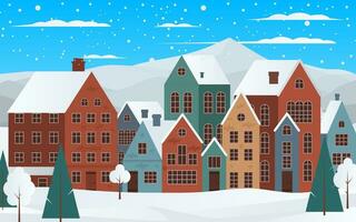 mysigt charmig vinter- panorama av en små stad med hus, träd, och snö. vektor illustration för jul kort och hälsningar. vinter- magi med dess snöig landskap. inte ai genererad.