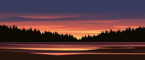 solnedgång himmel över tall träd och sjö. vektor natur landskap
