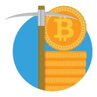 brytning bitcoin symbol. mina med hacka, guld crypto bit mynt. vektor illustration