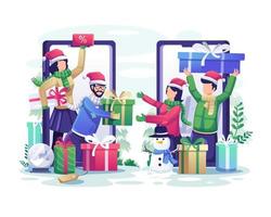 människor delar julklappar med varandra via smartphones online för att fira jul och det nya året. platt vektor illustration