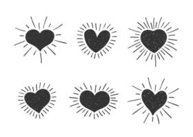 uppsättning doodle hjärtformade symboler med retrostilade solstrålar. samling av olika handritade romantiska hjärtan för klistermärke, etikett, kärlekslogotyp och alla hjärtans dagdesign. vektor