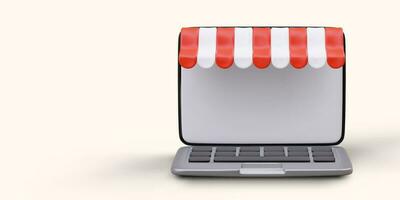 online Einkaufen über Laptop. Geschäft Zeichen mit gestreift Überdachung über Eingang vektor