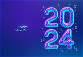 glücklich Neu Jahr 2024. bunt vereiteln Ballon Zahlen auf Blau Hintergrund. hoch detailliert 3d irisierend vereiteln Helium Luftballons. fröhlich Weihnachten und glücklich Neu Jahr 2024 Gruß Karte. Vektor Illustration.
