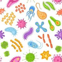 seamless mönster med färg tecknade bakterier, virus och bakterier. mikroorganismceller som upprepar bakgrund för textildesign, inslagningspapper, tapet. vektor