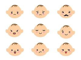uppsättning baby ansikten emoji med olika humör. kawaii söta barns uttryckssymboler och japanska anime emoji ansikten uttryck. vektor