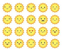 Reihe von sonnenförmigen Emojis mit unterschiedlicher Stimmung. Kawaii süße Sonnen-Emoticons und japanische Anime-Emoji-Gesichter. vektor