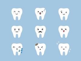 tänder emoji ikonuppsättning. knäckta, trasiga, friska vita söta tecknade tandkaraktärer med olika ansiktsuttryck. munhygien uttryckssymboler. vektor