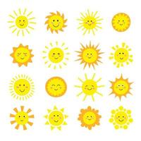 Cartoon-Sonnensammlung. Gelbe Sonne Icons Set isoliert auf weiss. Sonnenpiktogramm, Sommersymbol für Website-Design, Web-Button, mobile App. vektor