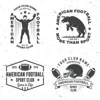 uppsättning av amerikan fotboll eller rugby klubb bricka. vektor för skjorta, logotyp, skriva ut, stämpel, lappa. årgång design med tjur, amerikan fotboll sportsman spelare, hjälm, boll och axel dynor silhuett