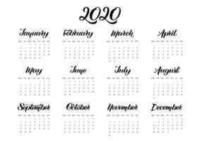 vektor kalender planerare för 2020 år med handdragen bokstäver. uppsättning om 12 månader. veckan börjar måndag. brevpapper design.