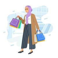 lycka glad shopaholic eleganta modern hijab muslim kvinna på detaljhandeln köpcenter Lagra bärande handla påsar vektor