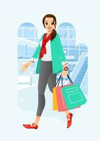 jung Glück froh Shopaholic stilvoll modisch Frau beim Verkauf Einkaufszentrum Geschäft Tragen Einkaufen Taschen vektor