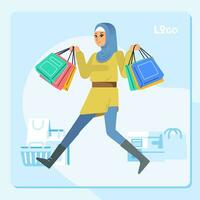 Glück froh Shopaholic stilvoll modisch Hijab Muslim Frau beim Verkauf Einkaufszentrum Geschäft Tragen Einkaufen Taschen vektor
