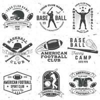 uppsättning av amerikan fotboll och baseboll klubb bricka. vektor för skjorta, logotyp, skriva ut, stämpel. design med baseboll fladdermöss, amerikan fotboll sportsman spelare, hjälm, boll och axel dynor silhuett