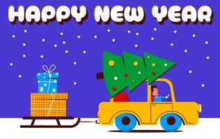 ny år illustration i platt stil. en mannens karaktär är körning en bil, där är en jul träd på de tak, och en släde med gåvor är bunden till de bil. jul humör. vektor söt illustration.