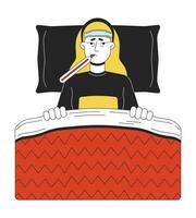 Grippe krank blond Frau Lügen im Bett 2d linear Karikatur Charakter. über müde kaukasisch weiblich mit Thermometer isoliert Linie Vektor Person Weiß Hintergrund. eingewickelt Decke Farbe eben Stelle Illustration