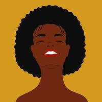 skön leende afrikansk amerikan kvinna Uppfostrad henne huvud till de Sol. afro hår stil. mode porträtt av Lycklig kvinna ansikte. minimalistisk vektor illustration. flicka med henne huvud upp