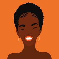 skön leende afrikansk amerikan kvinna. kort afro frisyr. mode porträtt av Lycklig kvinna ansikte. minimalistisk vektor illustration
