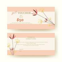 Geschenk Gutschein. Coupon Vorlage mit Blumen- Dekoration. elegant ästhetisch Design. gut zum Boutique, Schmuck, Blumen- Geschäft, Schönheit Salon, Spa, Mode, Flyer, Banner Design. vektor