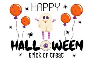 Halloween-Einladungsschablone auf weißem Hintergrund. ein Banner mit einem Geistercharakter und Luftballons für den Halloween-Urlaub. Vektorillustration im Cartoon-Stil vektor