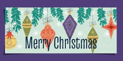 mitten av århundradet art nouveau på ett julkort. glad jul text med trädleksaker, snöflingor, träd och vintage textur. vektor illustration, vykort mall, banner för gott nytt år hälsningar.