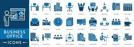 företag kontor linje ikoner uppsättning kontor kommunikation dokument, samarbete, planera, pappersarbete, arbete, teknologi, förvaltning, kontor produktivitet vektor