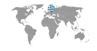 nålkarta med greklands flagga på världskartan. vektor illustration.